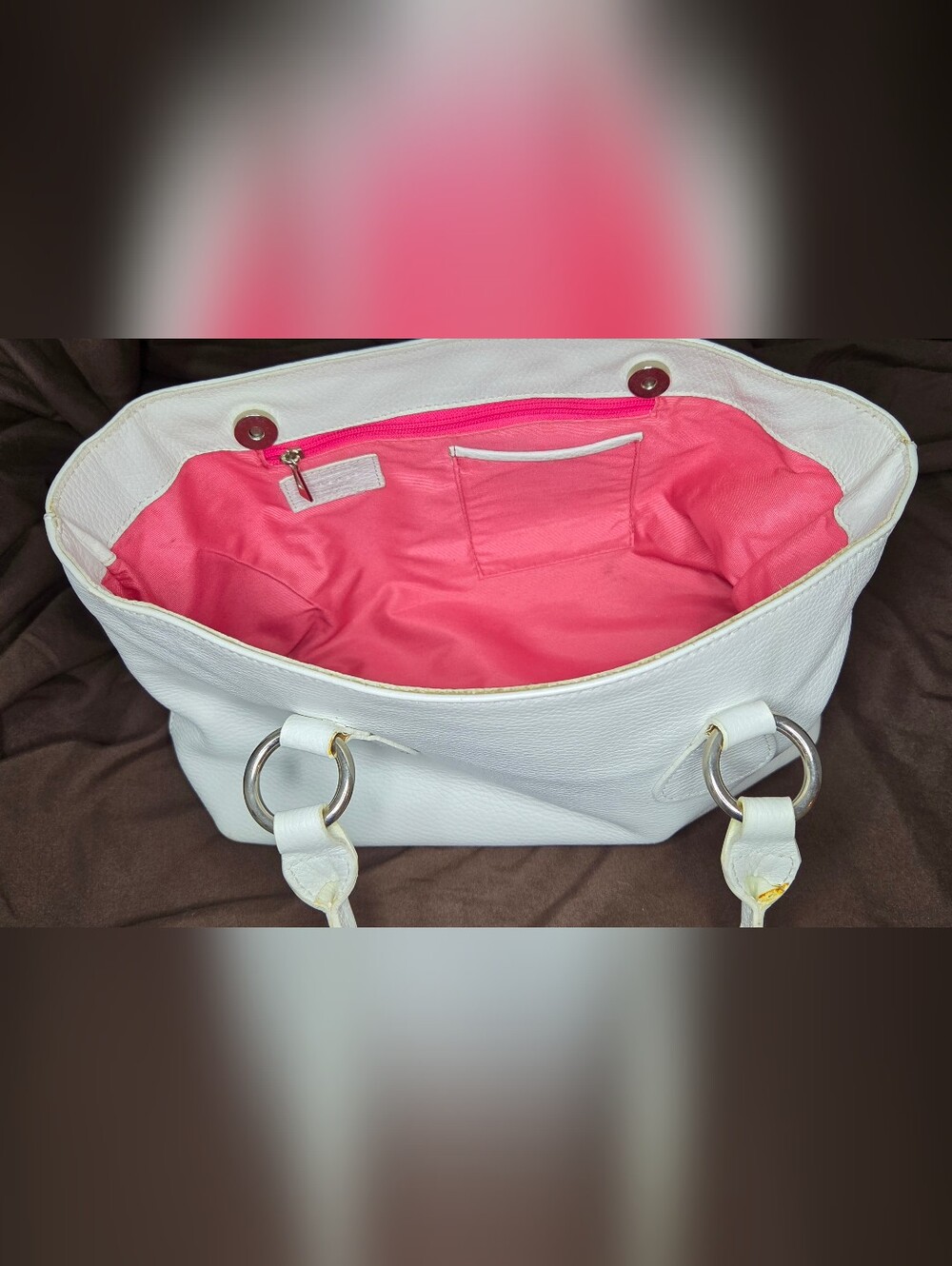 Claudia Firenze Bright White Italian Pebbled Leather Purse with Pink Interior